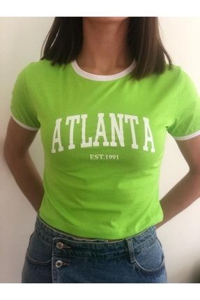 Yeşil Yazı Baskılı Crop T-shirt Atlanta AtlantaYeşil11