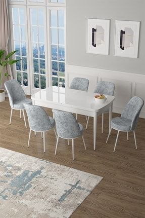 Via Serisi, 80x132 Açılabilir Mutfak Masası Takımı, Beyaz Masa Ve 6 Gri Sandalye VİA01GRİ0406
