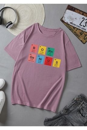 Unisex Mor Born Genius Baskılı Oversize T-shirt AYM244174