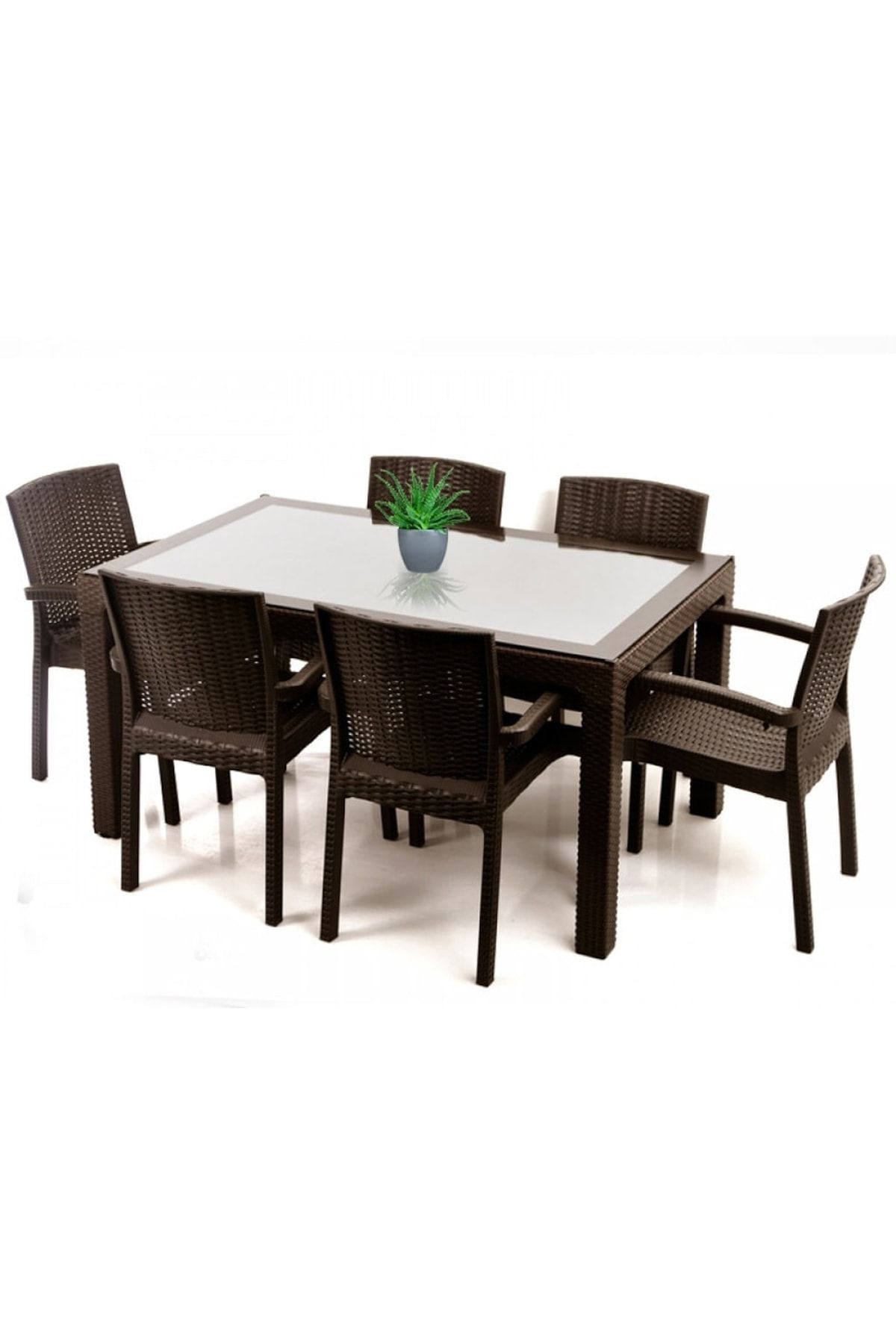 FORUM GARDEN Italy 90x150 Camlı Rattan Masa Takımı Koyu Kahve