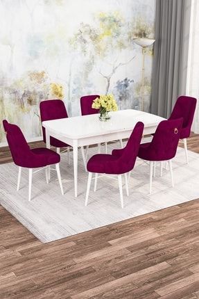 Mona 80x132 Açılabilir Mdf Masa Beyaz Mutfak Masası Takımı 6 Sandalye PRA-6576150-613160
