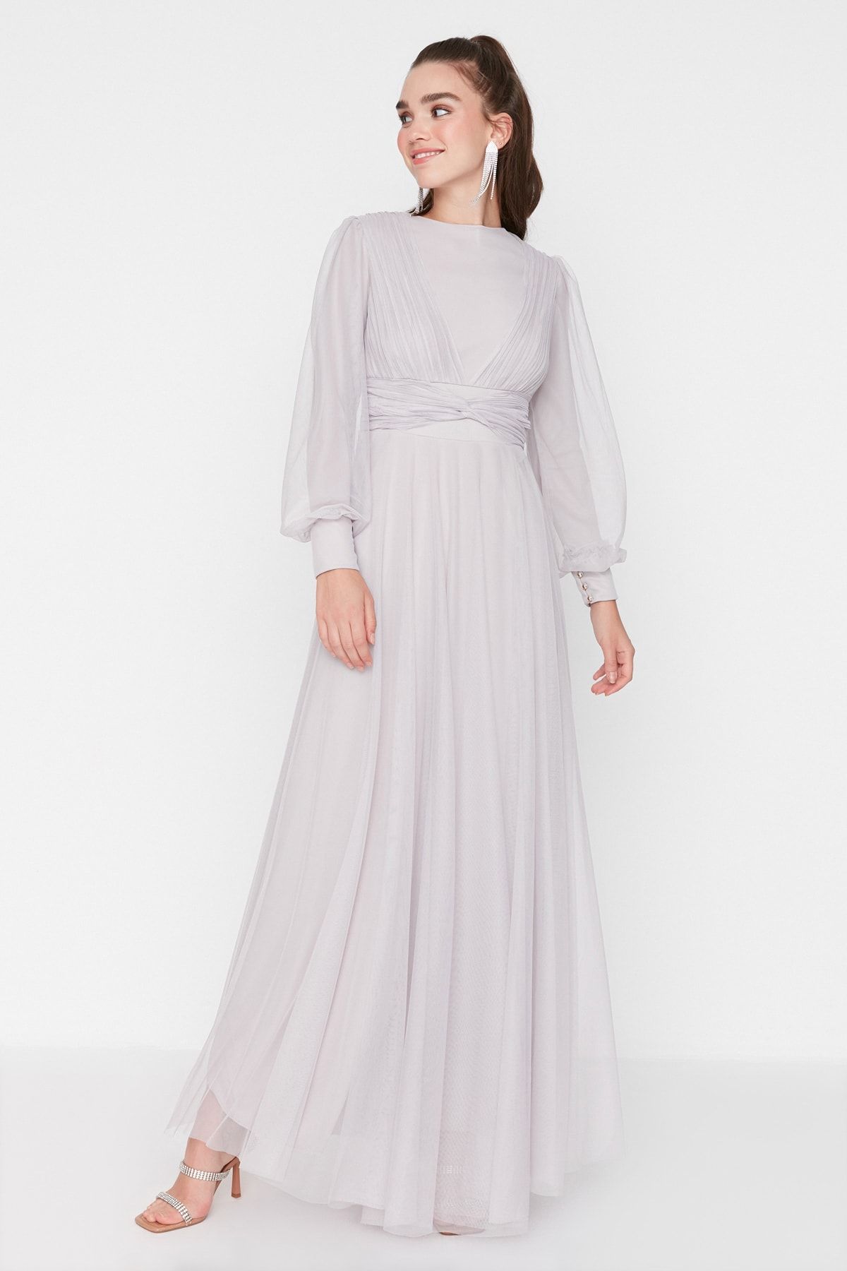 TRENDYOL MODEST Evening Dress Silver colored Maxi Trendyol