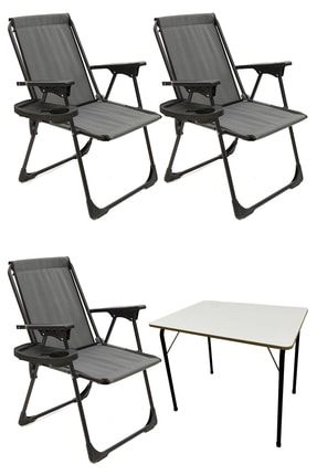 3 Adet Kamp Sandalyesi Katlanır Piknik Sandalye Oval Bardaklıklı Gri Katlanır Mdf Masa mnv_3KPSOBMDF