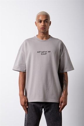 Oversize Never Have Baskılı Organik Pamuklu T-shirt Ice Gri M1769