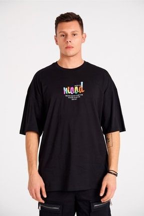 Erkek Siyah Tam Oversize Baskılı %100 Pamuklu T-shirt SLTR012