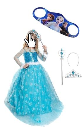 Karlar Ülkesi Frozen Elsa Kostüm Mavi Tarlatanlı Uzun Kollu Elbise Kız Çocuk Kıyafet pkelsakostümgrubu
