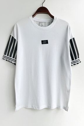 Erkek Parçalı Desenli Oversize Beyaz Siyah T-shirt TST1042