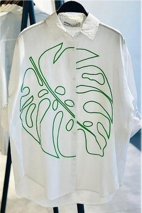 Kadın Büyük Yaprak Nakış Işlemeli Oversize Geniş Kalıp Gömlek 4140PTS