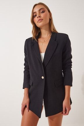 Kadın Siyah Oversize Keten Blazer Ceket HM00019