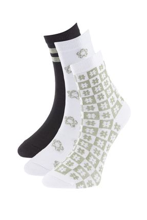 Yeşil Desenli 3'lü Paket Örme Soket Çorap THMAW23CO00004