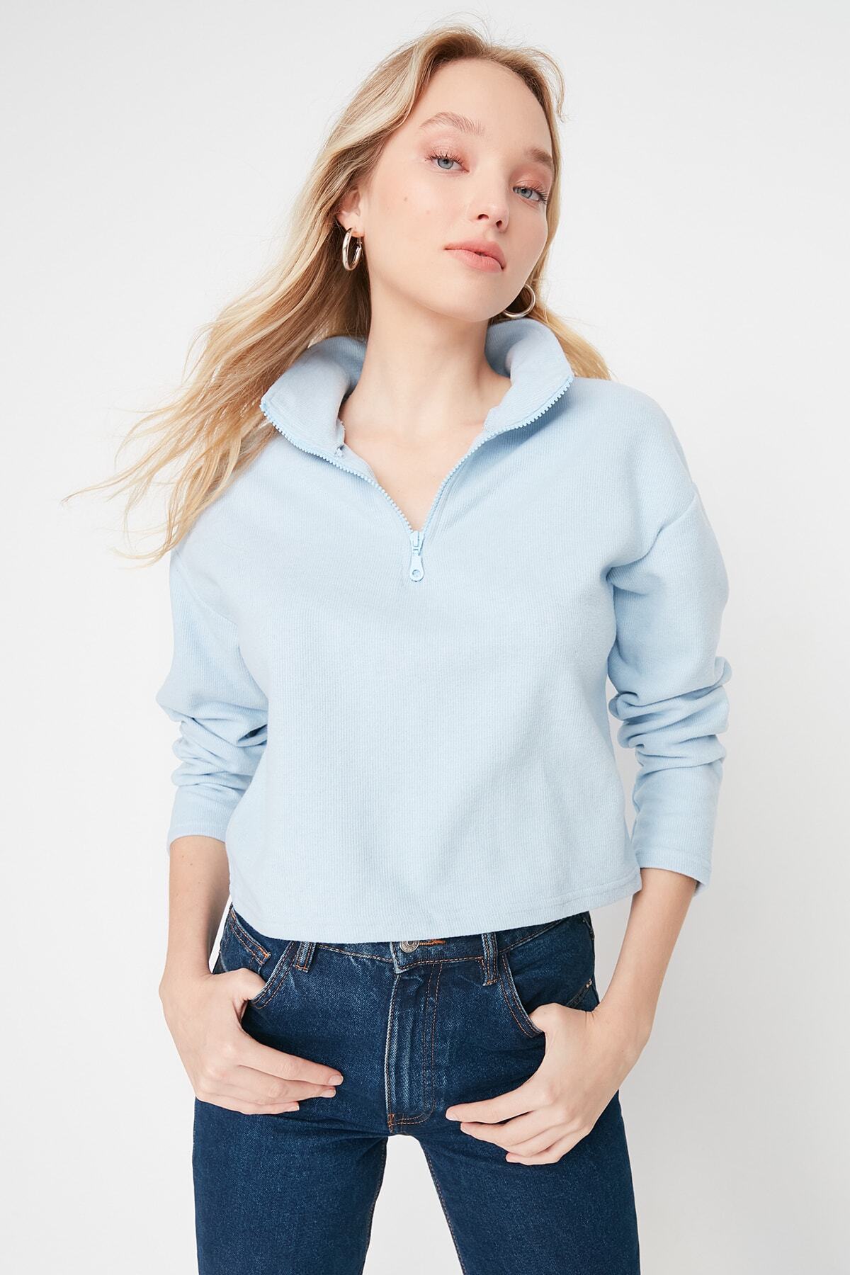 Trendyol Collection-Blue Thessaloniki/плетен суичър с яка с цип и стандартна кройка TWOAW22SW0732 7