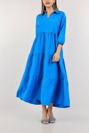 Yeni Trend Mavi Gömlek Yaka Keten Elbise 416979