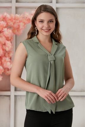 Kadın Mint Yeşili Kolsuz Ceket Yaka Fular Detaylı Gömlek MYS9198
