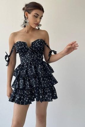 Bağcık Askılı Dekolteli Kat Kesim Çiçek Desenli Siyah Yazlık Elbise 127 BS-ETC-127
