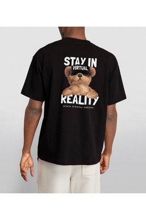Unisex Stay In Reality Virtual Bear Sırt Baskılı Oversize Siyah Tshirt SRTBRKKX