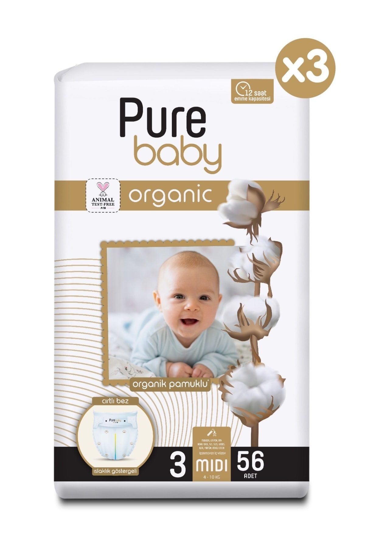 Pure Baby Organik Pamuklu Cırtlı Bez 3'lü Paket 3 Numara Midi 168 Adet fotoğrafı 2 (önizleme)