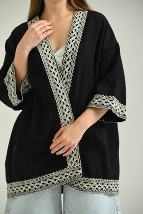 Kadın Kısa Kol Nakış Işlemeli Keten Kimono ec-kknıkk15