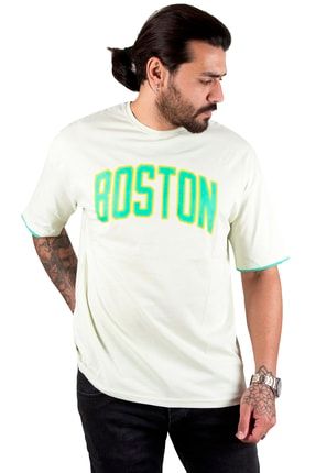 Erkek Su Yeşili Boston Yazı Baskılı Oversize Tişört 2200507 DGAY2200507