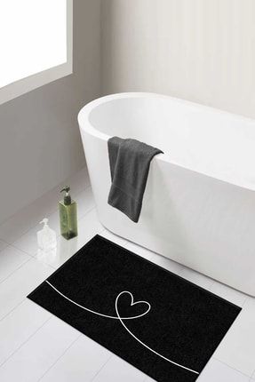 Yıkanabilir Kalpli Banyo Halısı Paspası Tek Parça Siyah (60x100) Dc-8047 Dc-8047 D8047