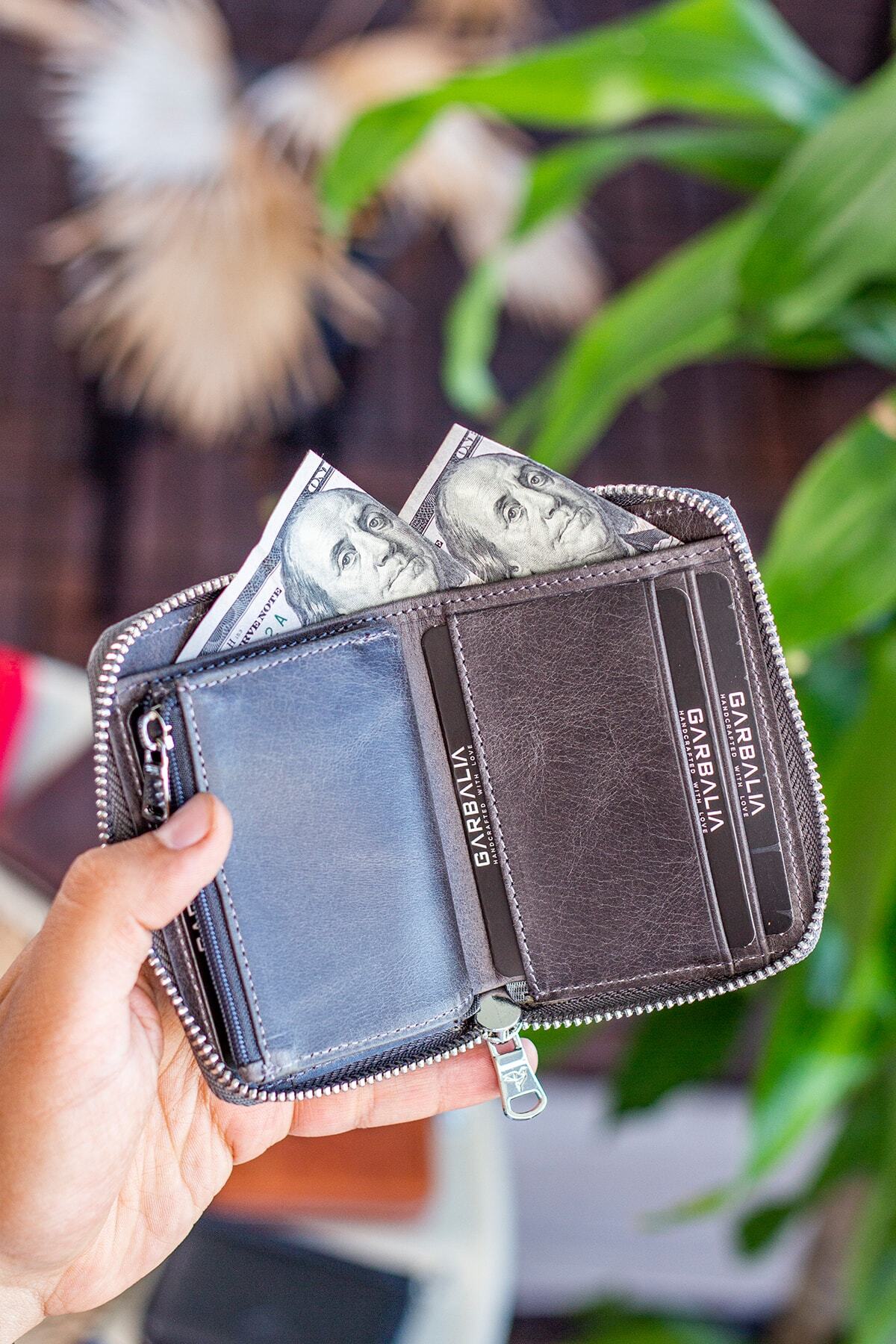 Garbalia-Sydney Genuine Leather Zippered Unisex Crazy Gray Wallet with Coin Compartment 4