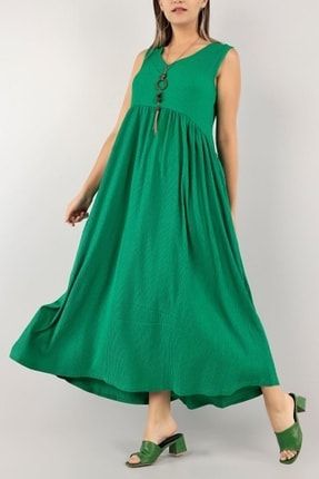 Yeşil Kolyeli Krinkıl Kumaş Kolsuz Elbise 150900 CNR-150899