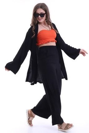 Kadın Düz Siyah Desenli Kimono Ve Beli Lastikli Çift Cepli Viskon Salaş Pantolon Takımı Zyn-58043 TYC00499543731