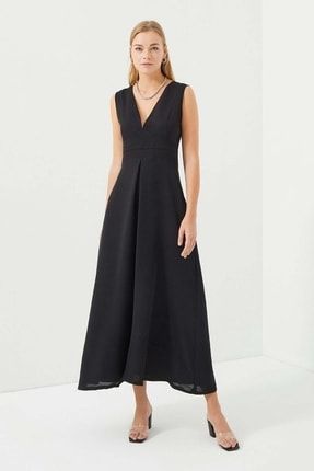 Siyah Kolsuz Merdiven Şeritli Elbise 50-B038