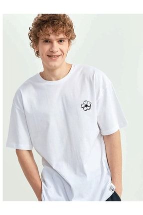 Beyaz Minimal Kuru Kafa Baskılı Unisex Oversize Bisiklet Yaka Kısa Kollu T-shirt PSH74123-10