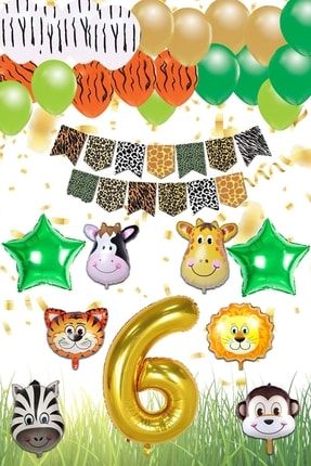 Safari Konsepti 6 Yaş Doğum Günü Parti Kutlama Seti; Rakam Ve Yıldız Folyo, Banner Ve Balon Zinciri PG0546D