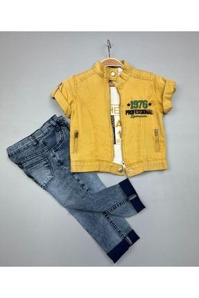 Erkek Çocuk Sarı Nakışlı Kot Yelek ,t-shirt Jean 3'lü Takım 6072022