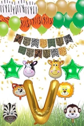Safari Konsepti V Harfli Doğum Günü Parti Kutlama Seti; Harf Ve Yıldız Folyo, Banner Ve Balon Zincir PG0546D