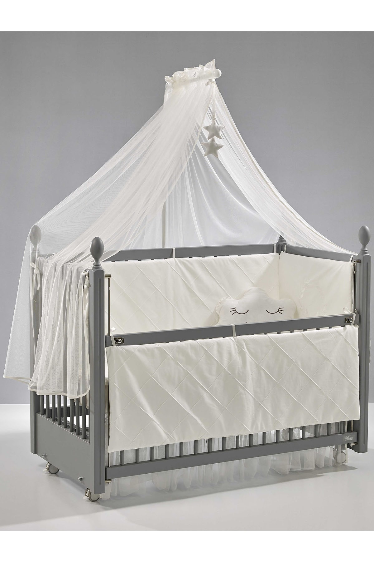 Meltem Smart Kral Anne Yanı Ahşap Sallanır Beşik 60x120 cm (gri-motto ekru)