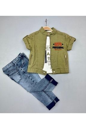 Erkek Çocuk Yeşil Nakışlı Kot Yelek ,t-shirt Jean 3'lü Takım 6072022