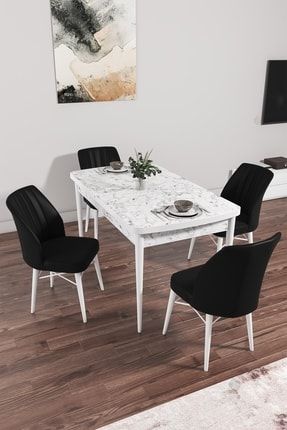 Arel 80x132 Mdf Beyaz Mermer Desen Açılabilir Mutfak Takımı 4 Sandalye RVN01MRMARL