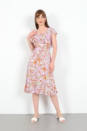 Viskon Kumaş Geometrik Desen Fırfırlı Kadın Elbise-lila KME10003