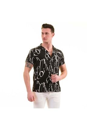 Siyah Beyaz Tasarım Harf Baskılı Viskon Nefes Alan Slim Fit Kısa Kollu Erkek Gömlek SA7017