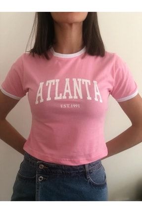 Pembe Yazı Baskılı Crop T-shirt AtlantaPempe111