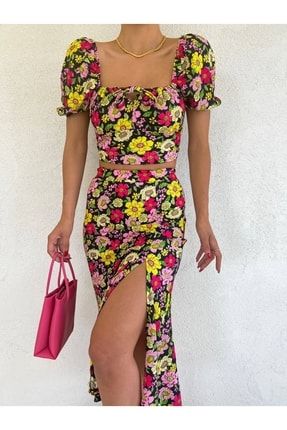Kadın Çiçek Desenli Yazlık Bluz Ve Etek Alt Üst Takım Sarı Pembe CET3010