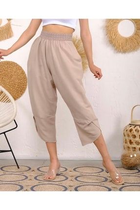 Kadın Krem Rengi Hasır Kemerli Paça Yırtmaçlı Aerobin Kumaş Yazlık Pantolon Pİ62