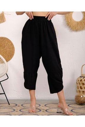 Kadın Siyah Hasır Kemerli Paça Yırtmaçlı Aerobin Kumaş Yazlık Pantolon Pİ62