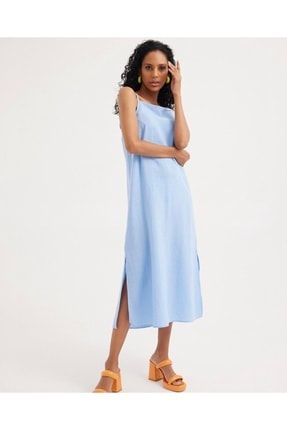 Açık Mavi Yırtmaç Detaylı %100 Pamuk Ip Askılı Elbise ELB01120