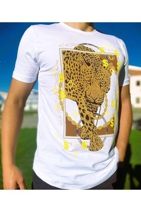 Taş Işlemeli Arslan Baskılı Beyaz Erkek T-shirt 5