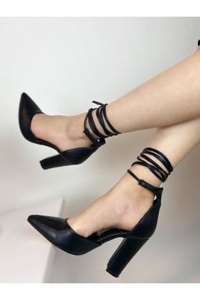 Siyah Deri Bağcıklı Stiletto Kalın Topuklu Ayakkabı TWS-BS-015K01