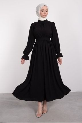 Rahat Kesim Manşet Lastikli Tesettür Elbise Siyah 3008-B