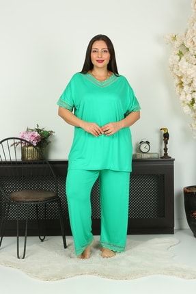 Kadın Büyük Likralı Yeşil Pijama Takımı H4033
