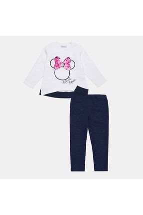 Kız Çocuk Minnie Mouse Detaylı Payetli Beyaz Lacivert Sweatshirt 2'li Çocuk Takımı 31524