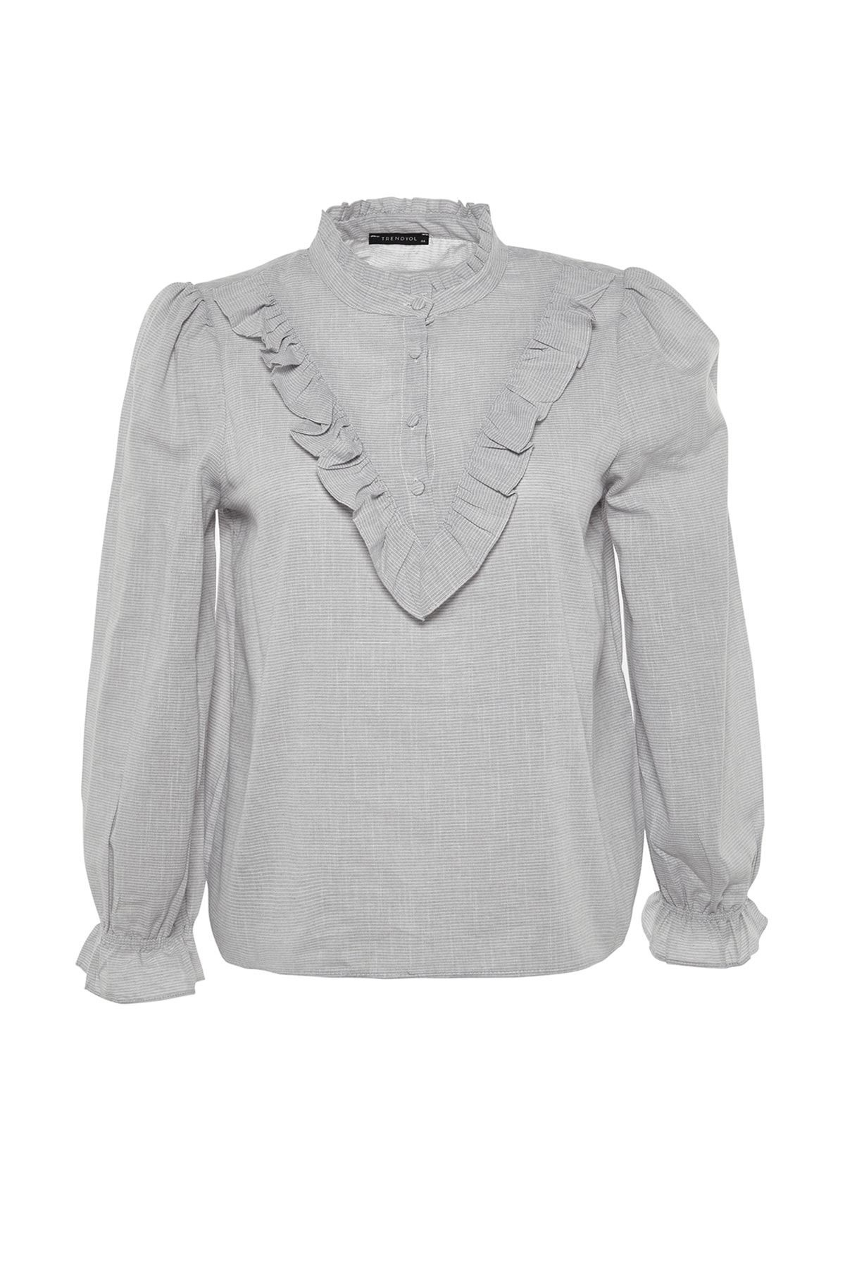 Trendyol Curve-Gray Color Woven Blouse with Frill Detail on the Collar 7