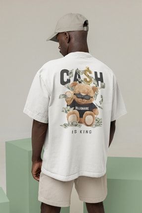 Cash Is King Sırt Baskılı Bisiklet Yaka Beyaz Oversize T-shirt CIK40SRT139