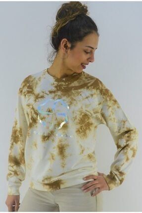 Kadın Imer Fashıon Kahve Varak Baskılı Pamuk Içerikli Batik Yıkamalı Sweatshirt ıf0111
