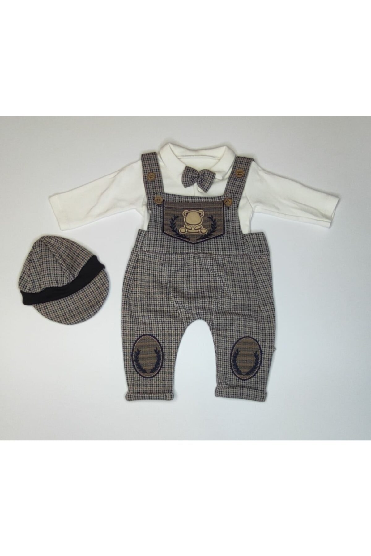 Baby Boy Brown Cap Bow Tie Slopet Jumpsuit Set 5619
